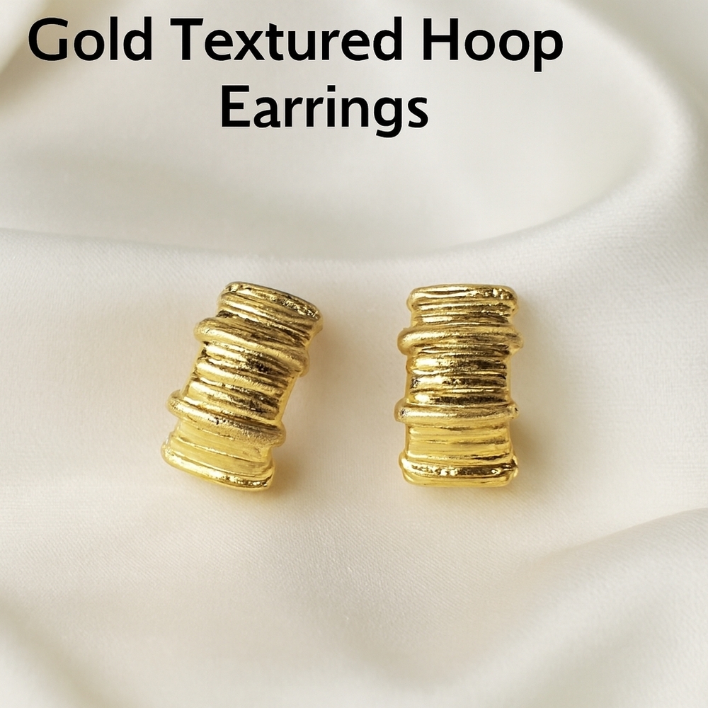 Textured Gold Hoop Earrings – Sculptural Ribbed Designer Hoops - Women Jewelry